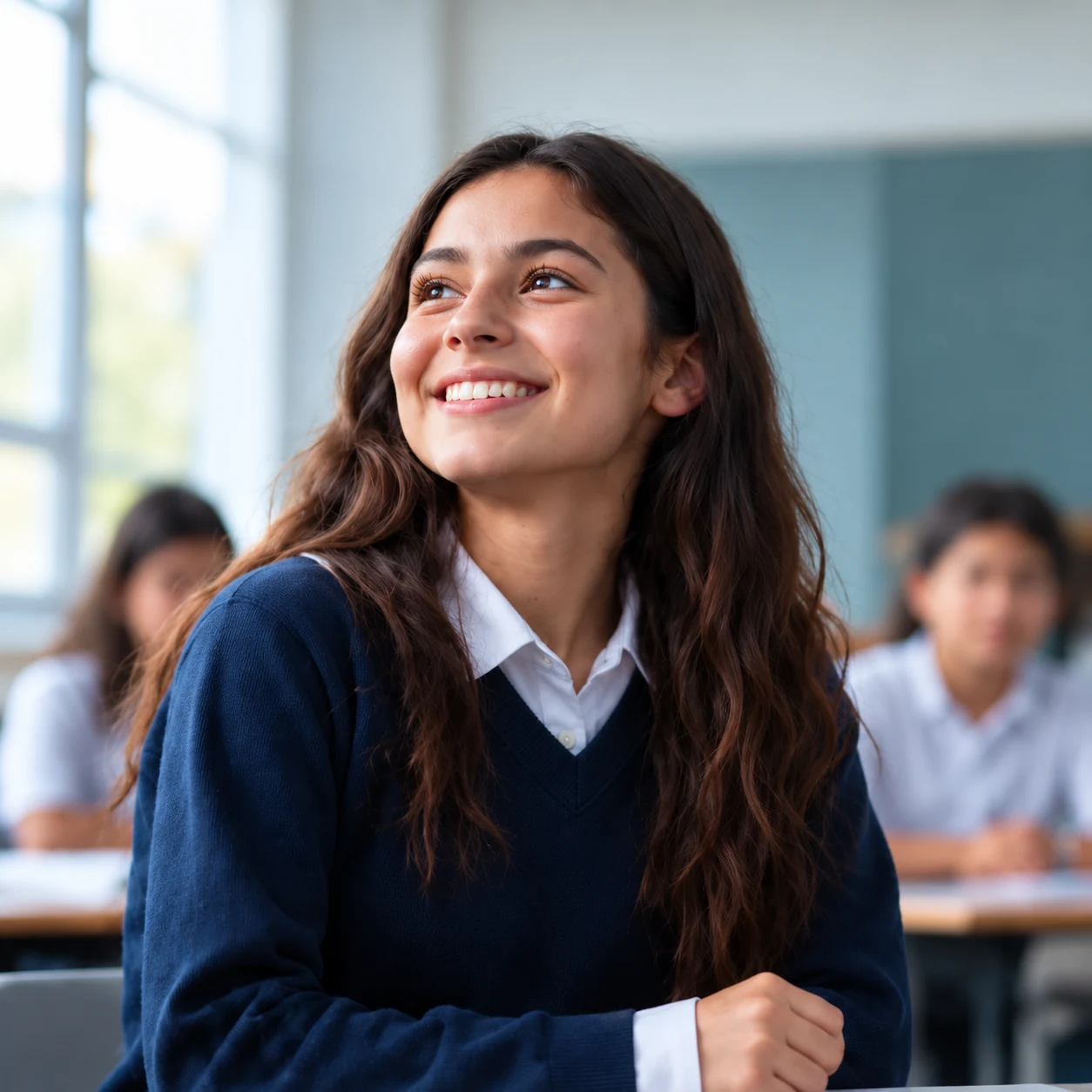Estudiante sonriente en un aula, acompañada de su comunidad educativa.